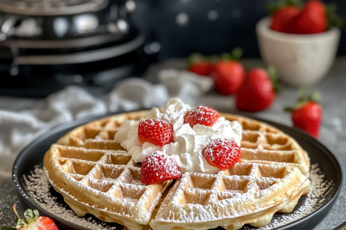 A freshly made Kodiak waffle topped with whipped cream and strawberries.