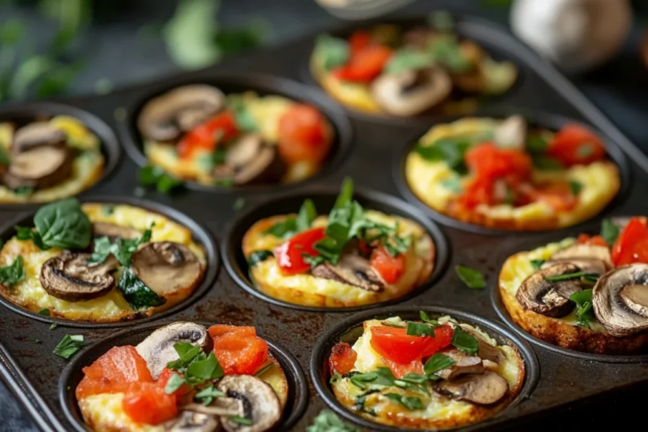 Baked egg muffins with mushrooms, spinach, and bell peppers, a creative and healthy recipe for Optavia Lean and Green meals.