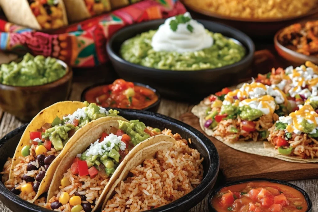 Creative dishes featuring Knorr Mexican Rice, including tacos, burritos, and a rice bowl with guacamole and salsa, on a rustic table.