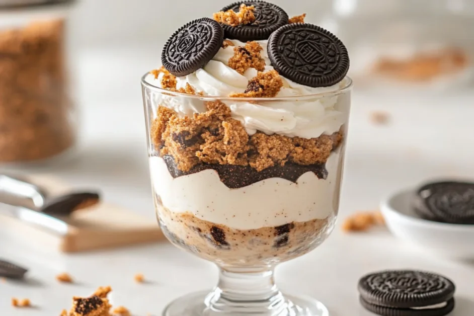 Layered parfait dessert made with Carrot Cake Oreos, featuring crushed cookies, whipped cream, and pudding, styled in a modern kitchen.