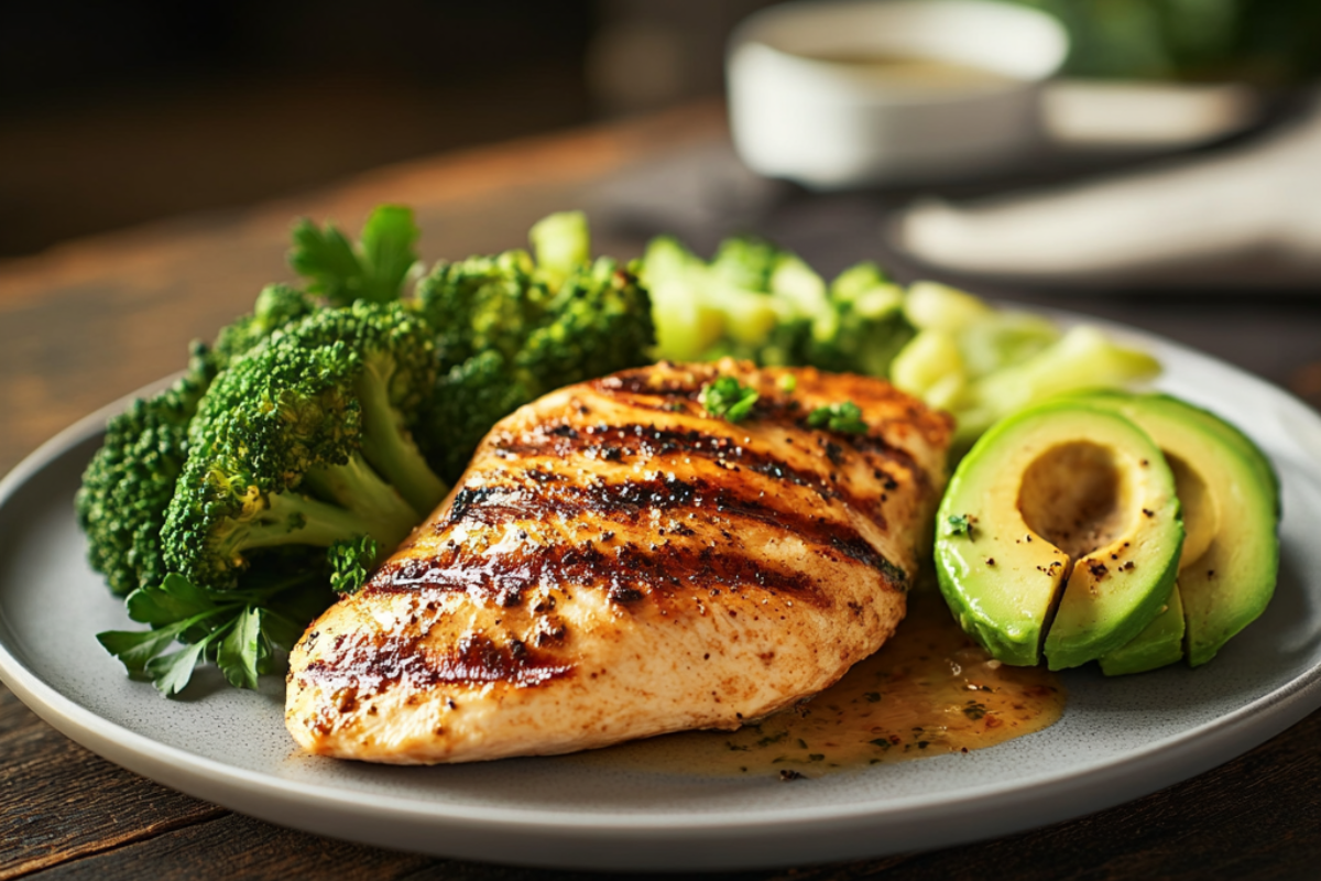 Grilled chicken with steamed broccoli and avocado, a classic lean and green meal.