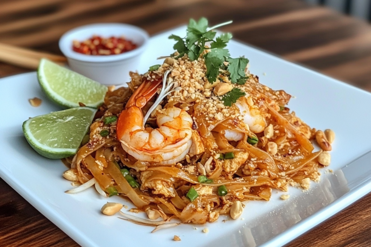 A colorful plate of shrimp and chicken Pad Thai with peanuts, lime, and garnishes, evoking a Thai street-food ambiance.