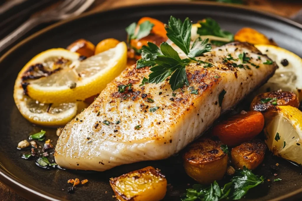 Grilled Corvina fillet served with roasted vegetables, garnished with parsley and lemon slices