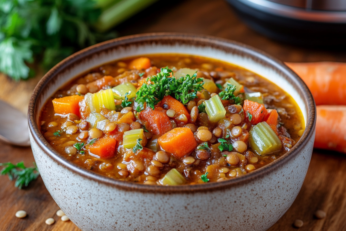 Colorful vegan lentil and vegetable stew served in a rustic bowl, surrounded by fresh vegetables and a slow cooker in the background.