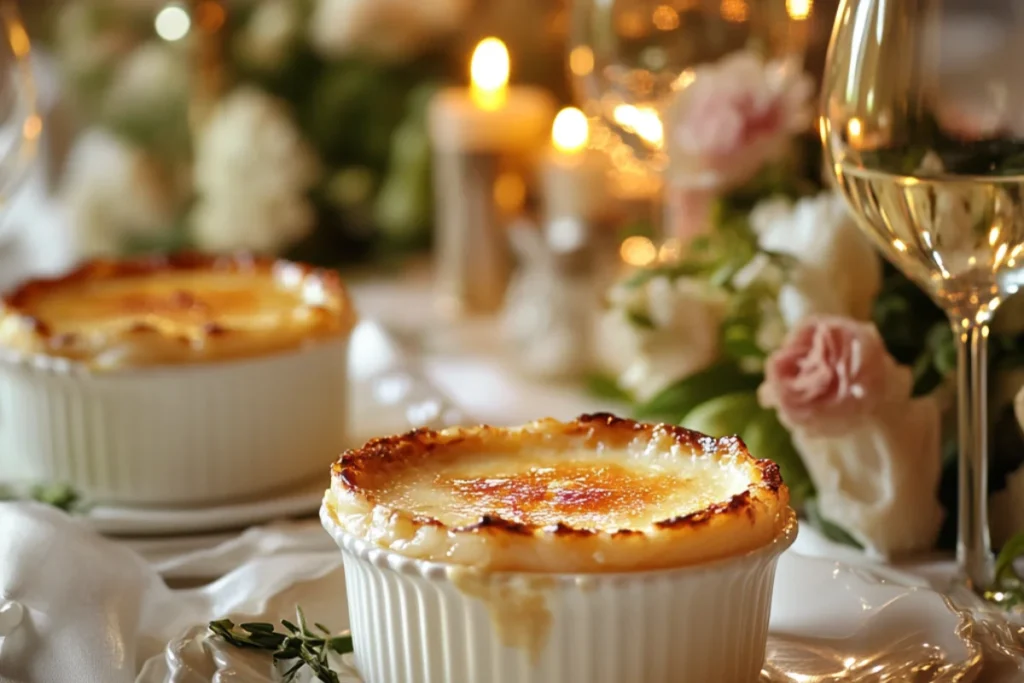 Crab Brulee served at an elegant dinner party with wine glasses and floral décor on a luxurious table setting