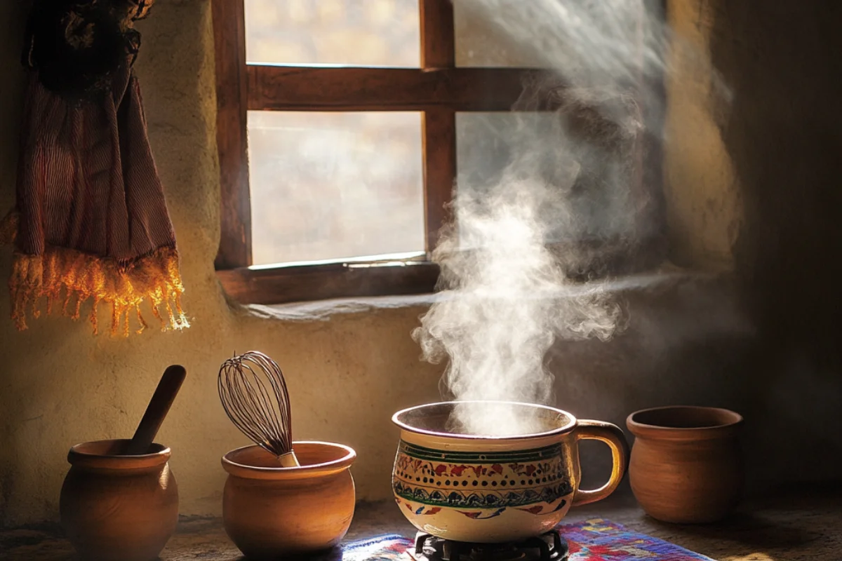 Traditional preparation of Abuelita Hot Chocolate with a molinillo and clay mugs in a cozy Mexican kitchen.