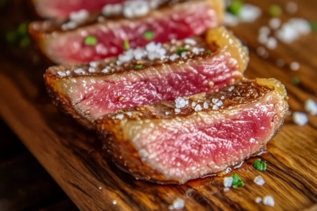 Close-up of sliced picanha with a tender pink interior and golden fat cap on a wooden cutting board.