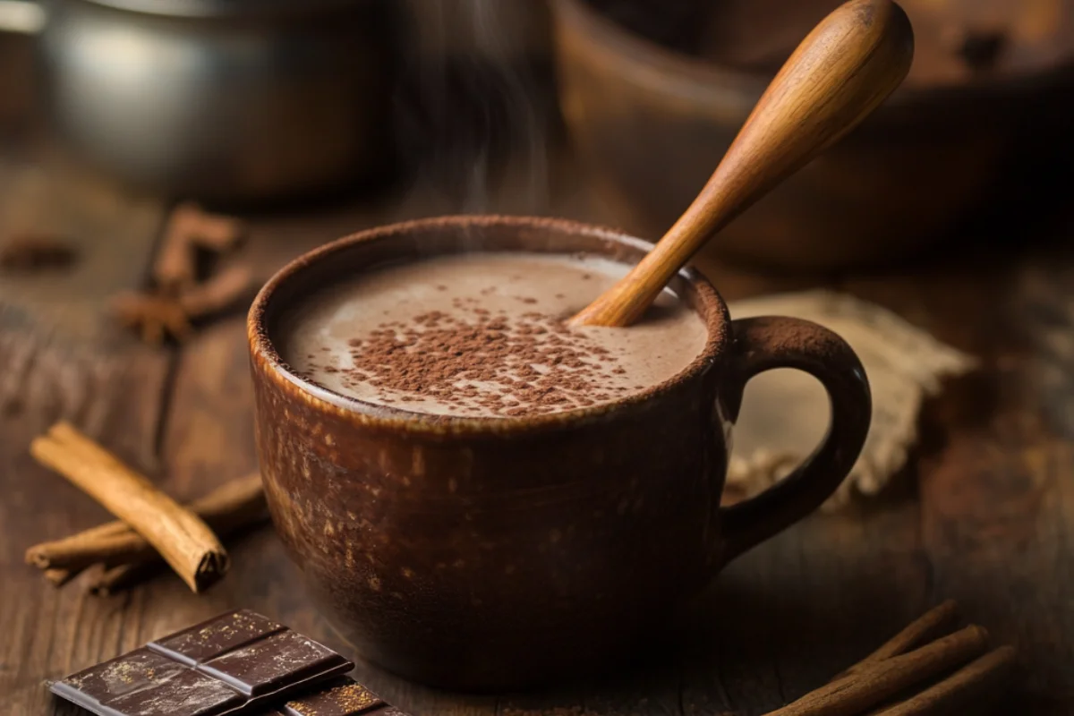 A cozy scene featuring traditional Abuelita hot chocolate prepared with a molinillo and surrounded by authentic Mexican ingredients.