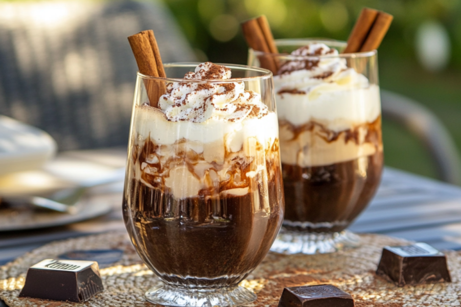 A glass of iced Abuelita hot chocolate served outdoors, topped with whipped cream and cinnamon, showcasing a refreshing take on the classic drink