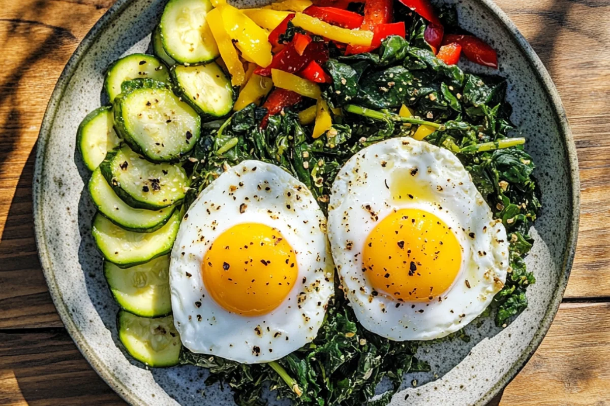 A balanced Lean and Green meal featuring poached eggs, sautéed spinach, bell peppers, and zucchini slices, highlighting a healthy Optavia meal option.