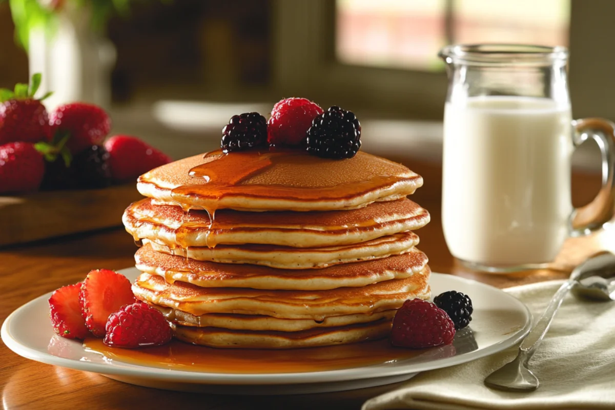 A stack of Kodiak pancakes topped with berries and syrup on a breakfast table.