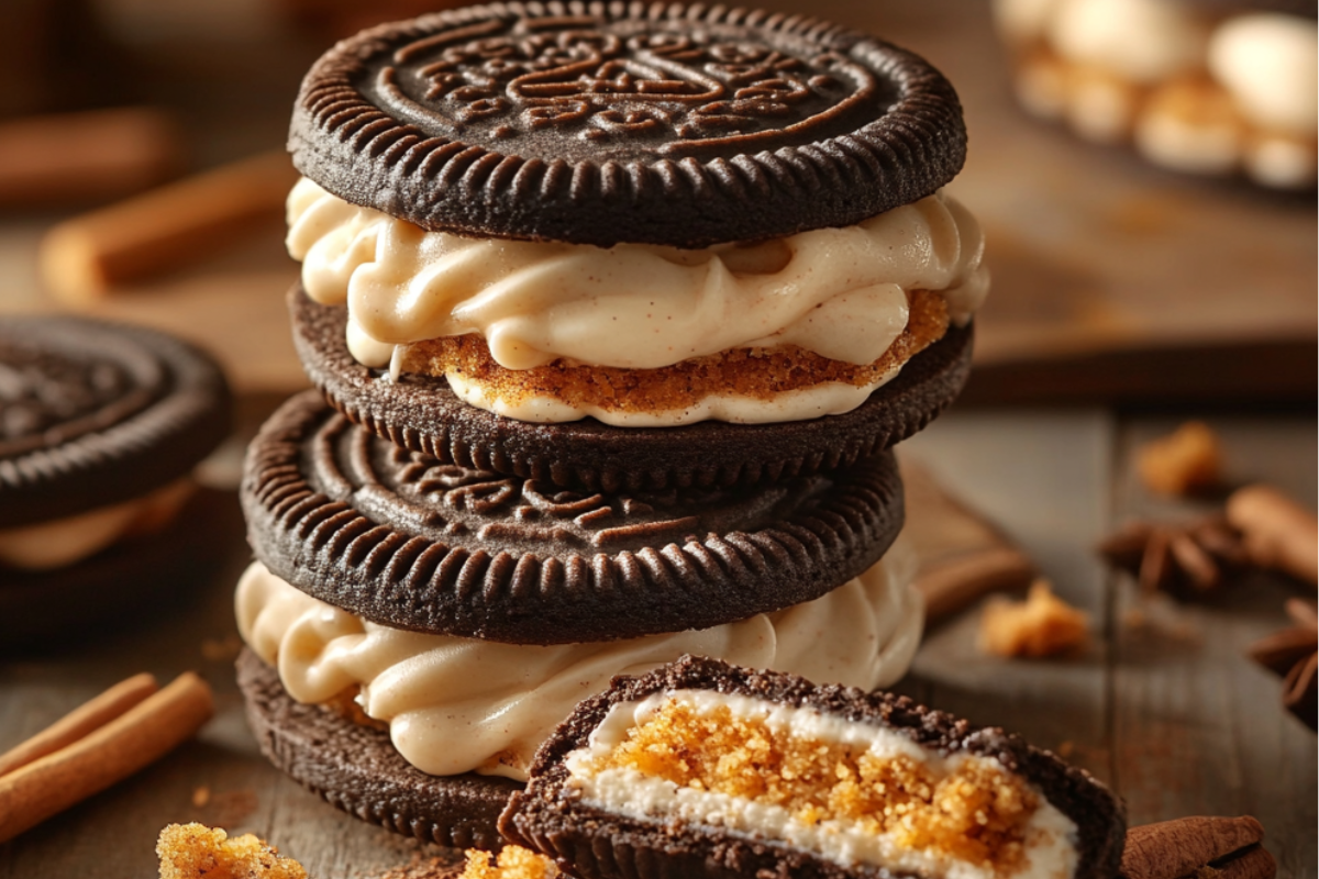 Close-up of Carrot Cake Oreos packaging with cookies arranged on a wooden table, showcasing cream cheese filling and dessert-inspired elements