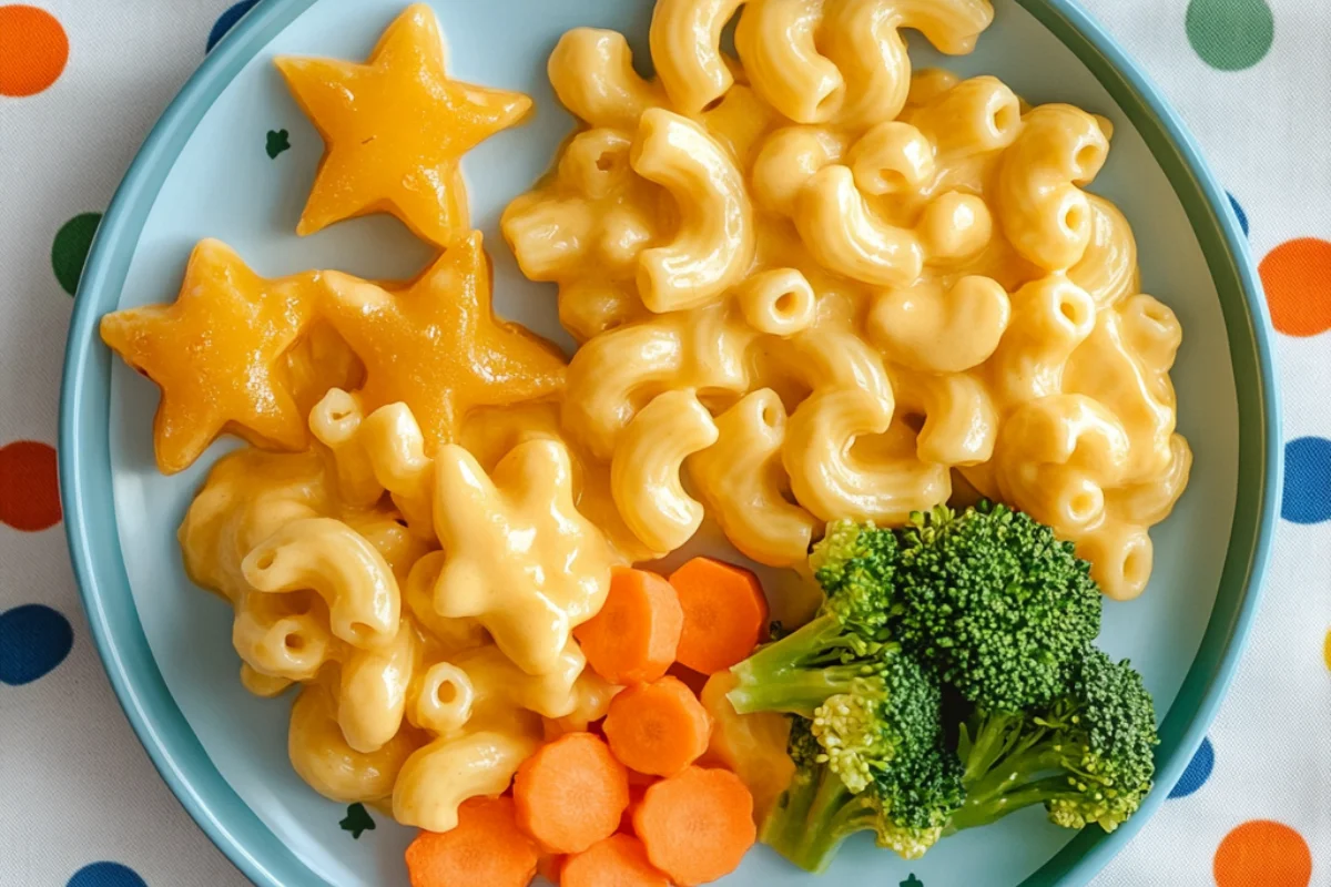 Kid-friendly tuna macaroni and cheese with fun-shaped pasta and side vegetables on a playful tablecloth.