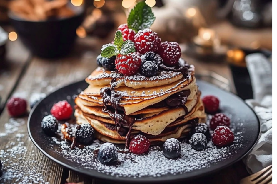 Thin Kodiak pancakes rolled with chocolate and berries, dusted with powdered sugar, on an elegant breakfast table.