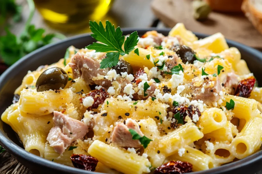 Mediterranean-style tuna macaroni and cheese with olives, capers, and feta cheese on a rustic table