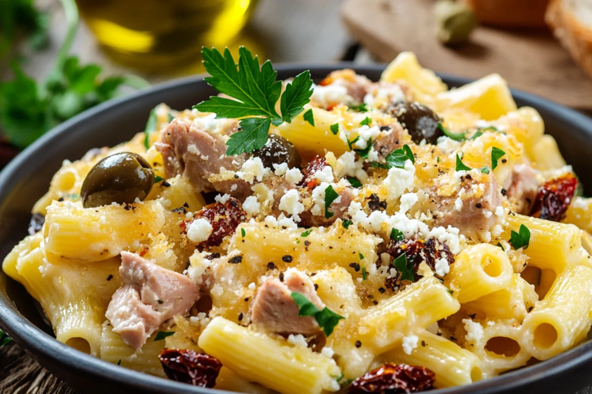 Mediterranean-style tuna macaroni and cheese with olives, capers, and feta cheese on a rustic table