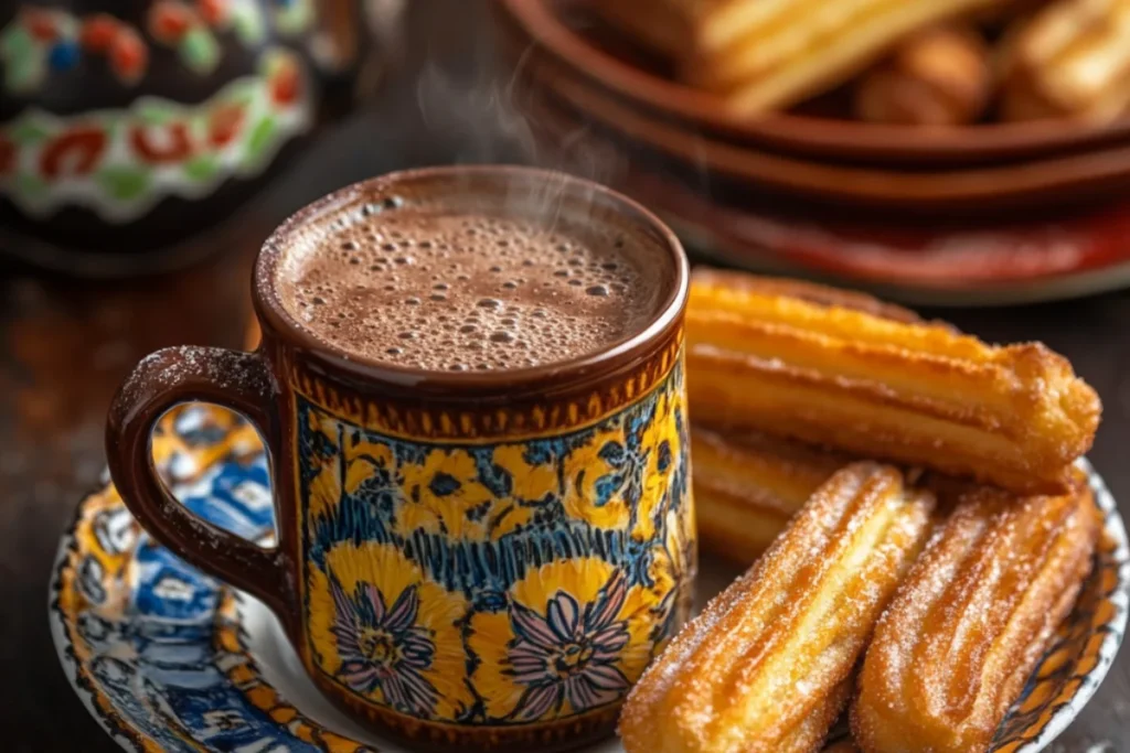 Abuelita hot chocolate served with traditional Mexican pastries like pan dulce and churros on a rustic table with colorful tableware.