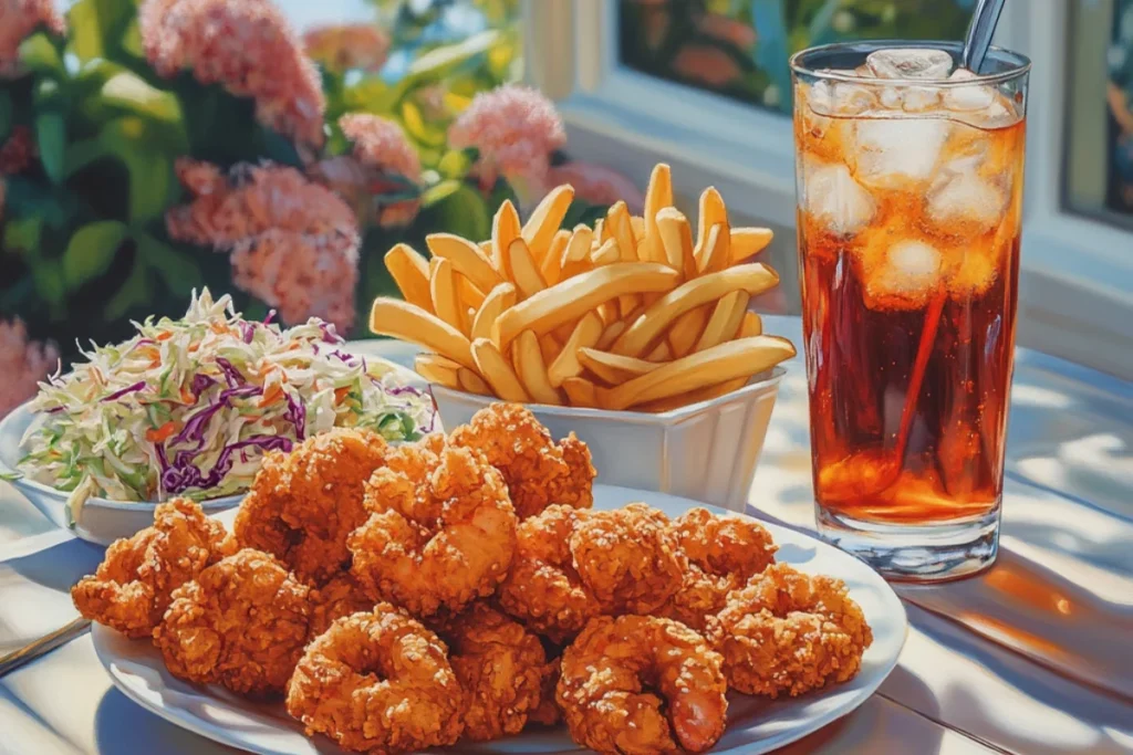 Milk-soaked fried shrimp plated with coleslaw, French fries, and remoulade, set on a sunny outdoor dining table.