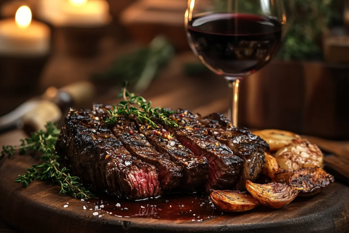 Picanha steak paired with a glass of Malbec wine on a rustic wooden table with fresh garnishes