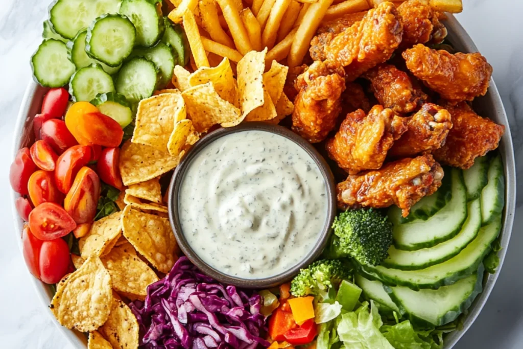 Platter of chicken wings, fries, vegetables, and nachos arranged around a bowl of zesty ranch sauce.