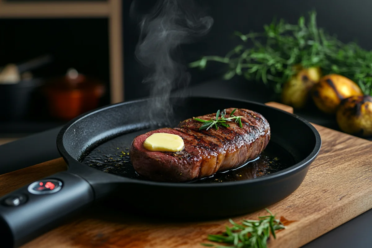 Reverse-seared picanha being cooked in a cast-iron skillet with butter and herbs, highlighted by rising steam and a meat thermometer.
