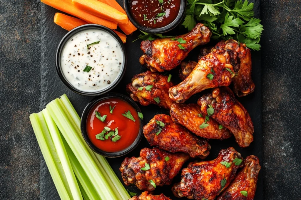 Crispy chicken wings on a platter with dipping sauces, celery, and carrot sticks on a dark background.