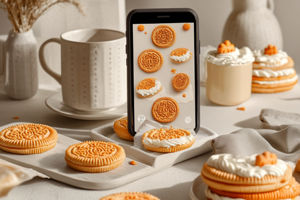 Flat-lay of Carrot Cake Oreos styled for social media, with a smartphone showing Instagram posts and hashtags, surrounded by coffee mugs and napkins.