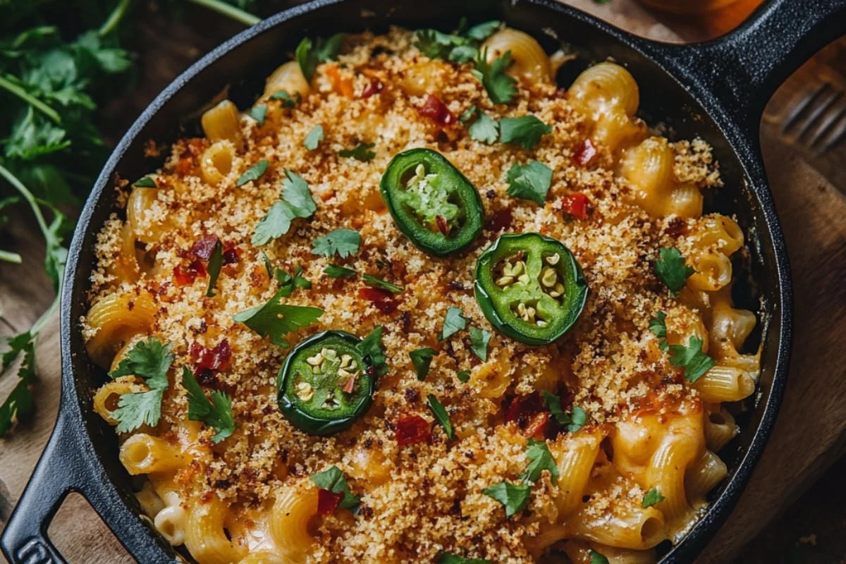 Spicy tuna macaroni and cheese in a skillet with jalapeños, red chili flakes, and hot sauce garnished with fresh herbs.