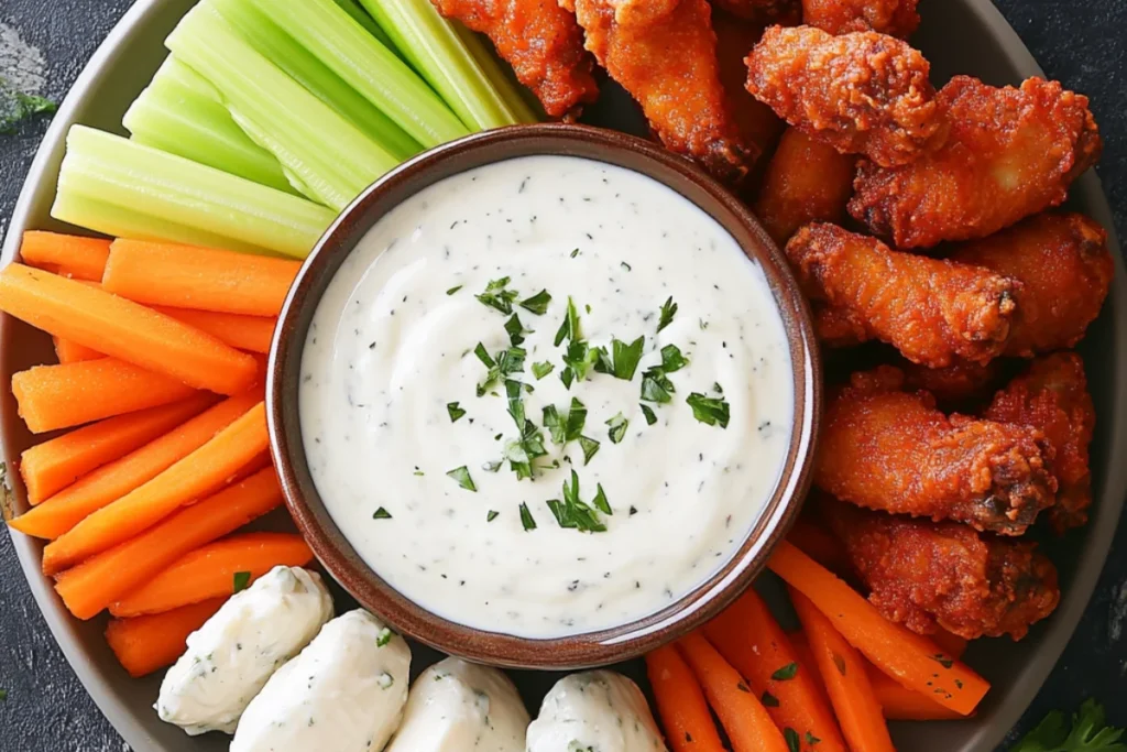 A bowl of creamy ranch dressing surrounded by crispy chicken wings, fresh veggies, and mozzarella sticks as dipping options.