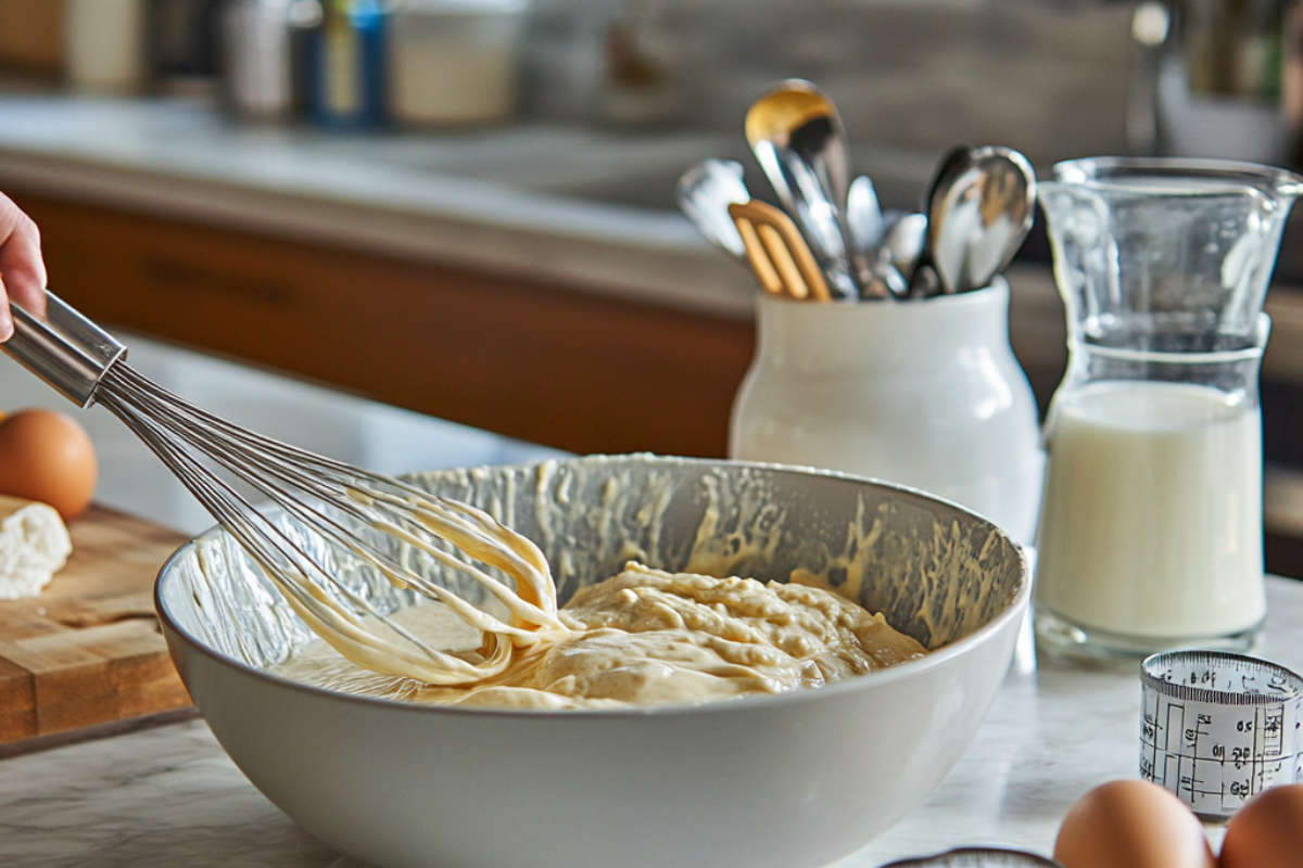 A mixing bowl filled with Kodiak pancake batter being whisked, with measuring cups and other ingredients on a kitchen counter.