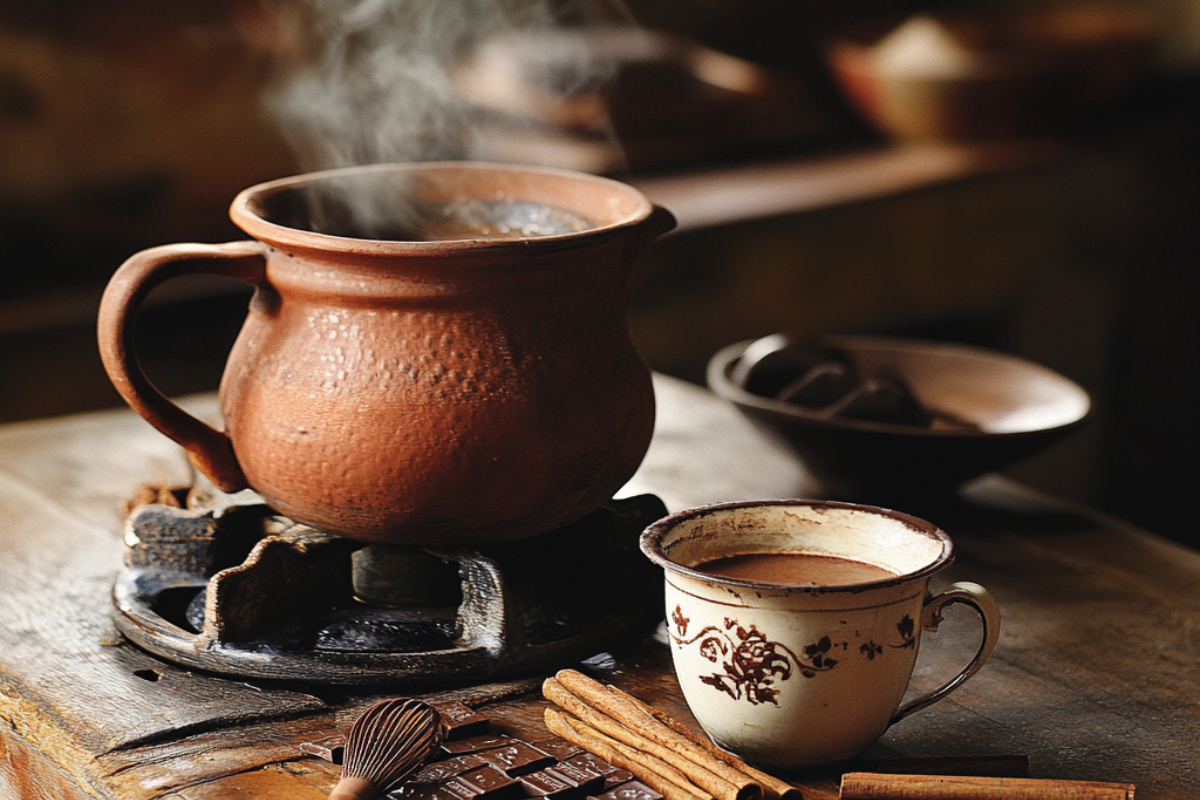 A traditional Mexican kitchen scene with Abuelita hot chocolate being prepared on a stove, featuring a molinillo whisk and natural ingredients.