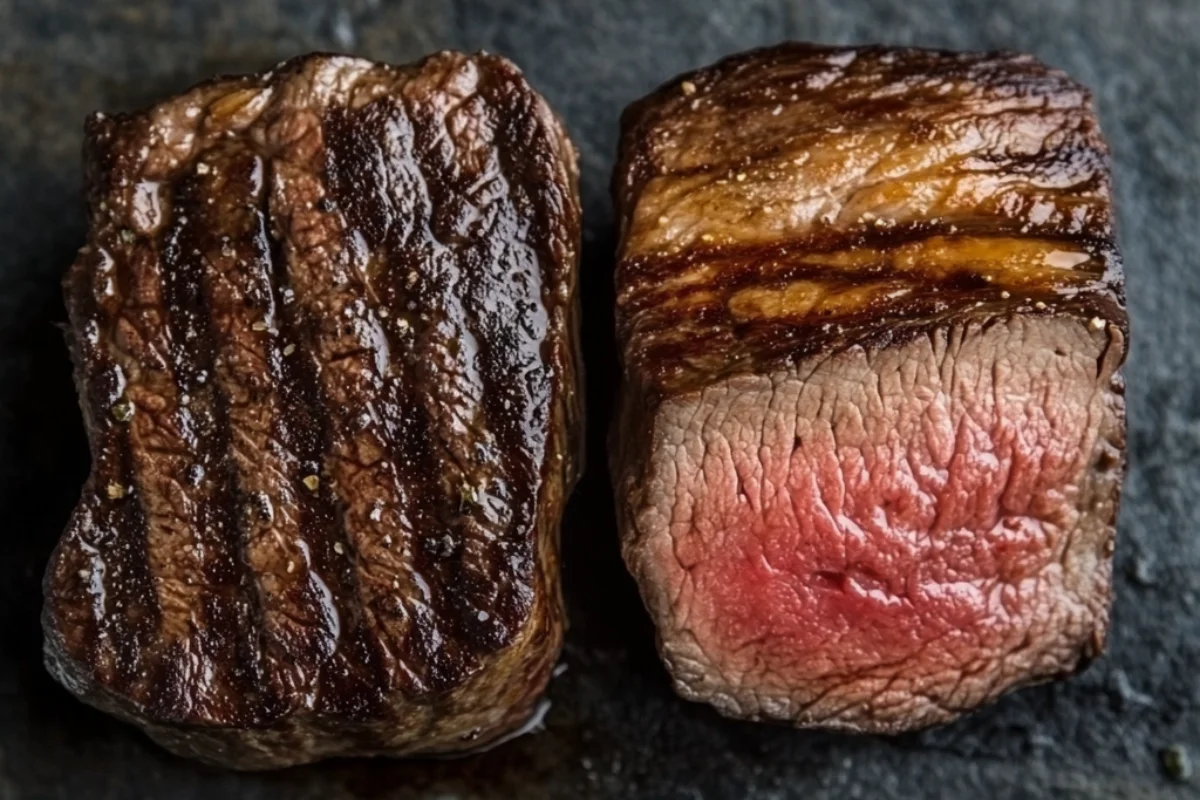 Side-by-side comparison of a perfectly cooked and overcooked picanha steak, showing the difference in tenderness and juiciness.