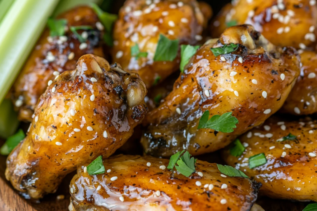 Close-up of crispy hot honey chicken wings glazed with sauce, garnished with parsley and sesame seeds, served with ranch and celery sticks.