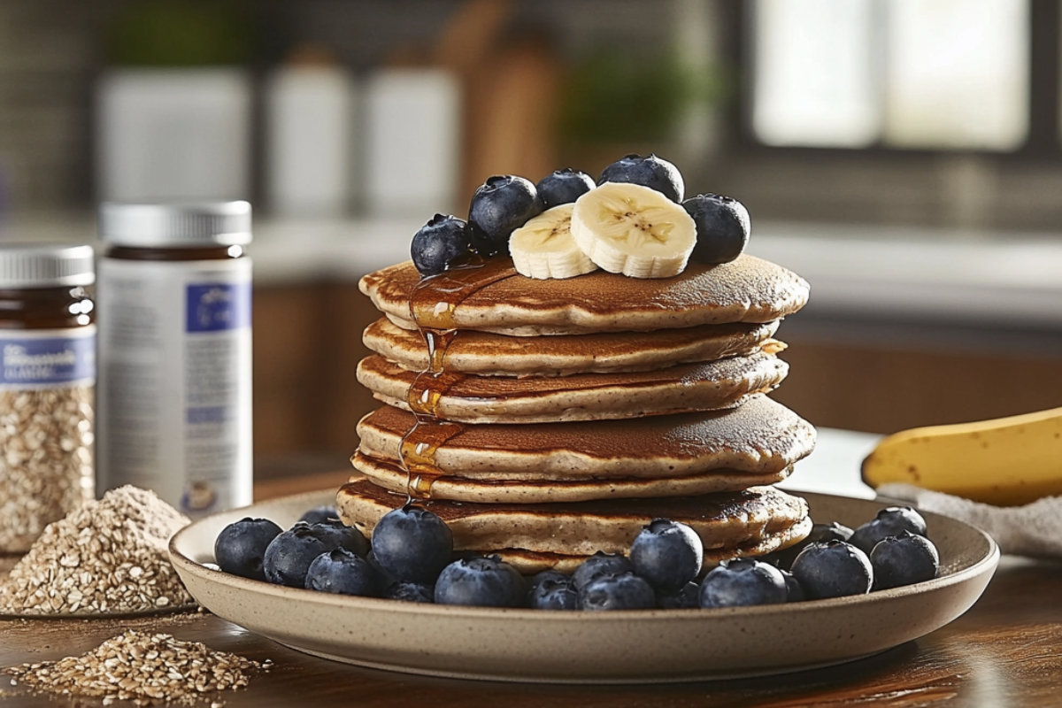 A stack of golden Kodiak pancakes topped with fresh fruit and syrup on a breakfast table with whole grain ingredients in the background.