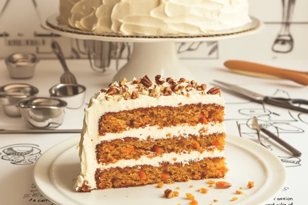 Slice of carrot cake with moist layers and cream cheese frosting, showing grated carrots and nuts, surrounded by baking tools and a cake stand.