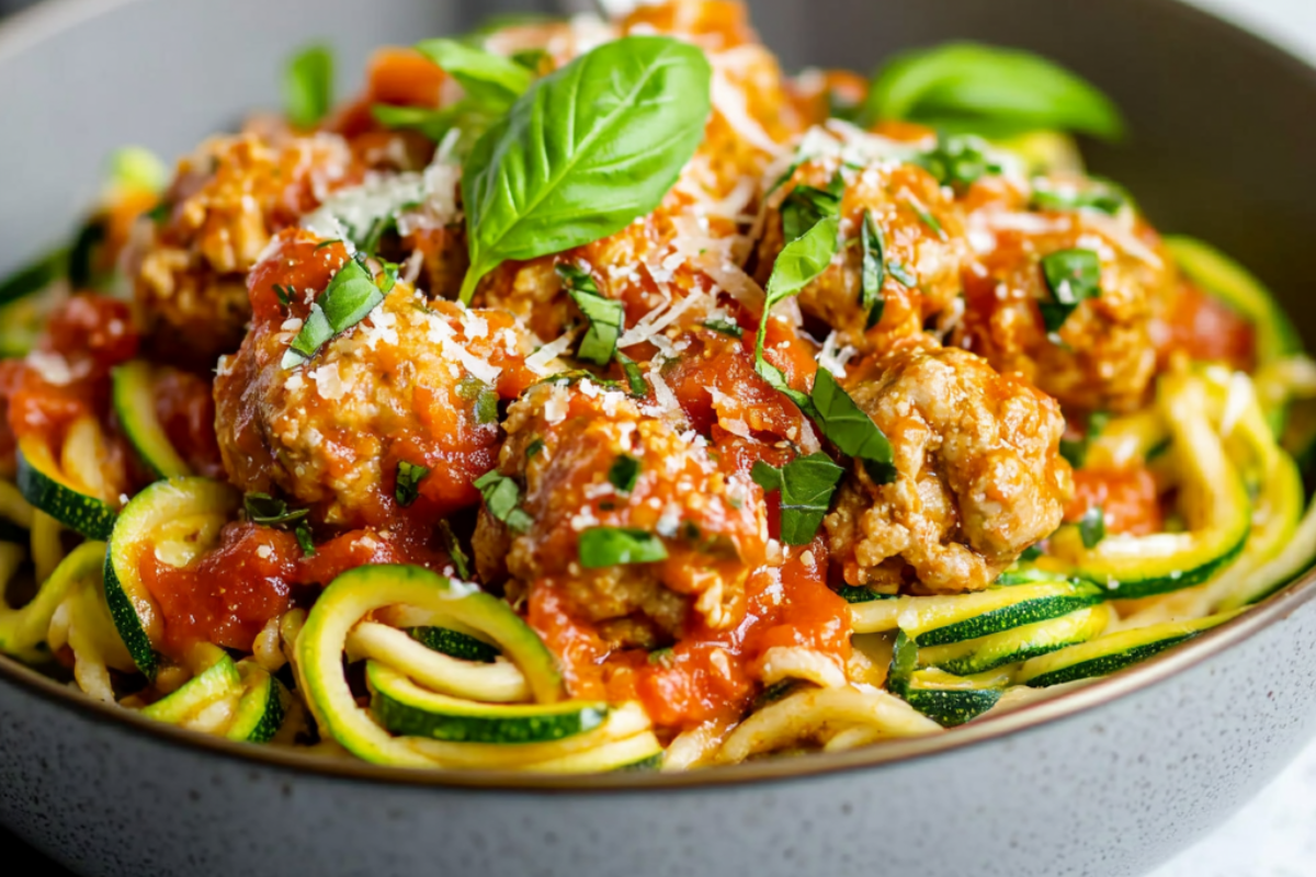 Zucchini noodles and turkey meatballs topped with marinara and fresh basil.