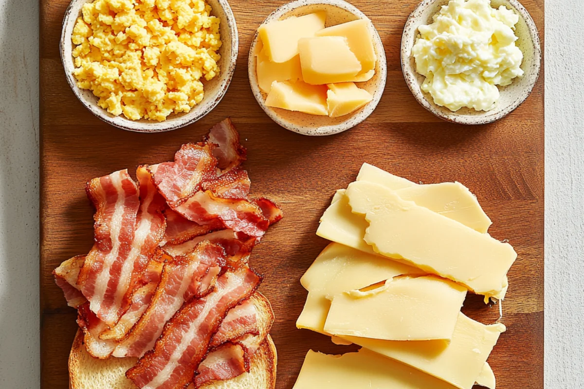 A top-down view of the ingredients used in Dunkin’s Sourdough Breakfast Sandwich, including sourdough bread, bacon, egg, and white cheddar cheese.